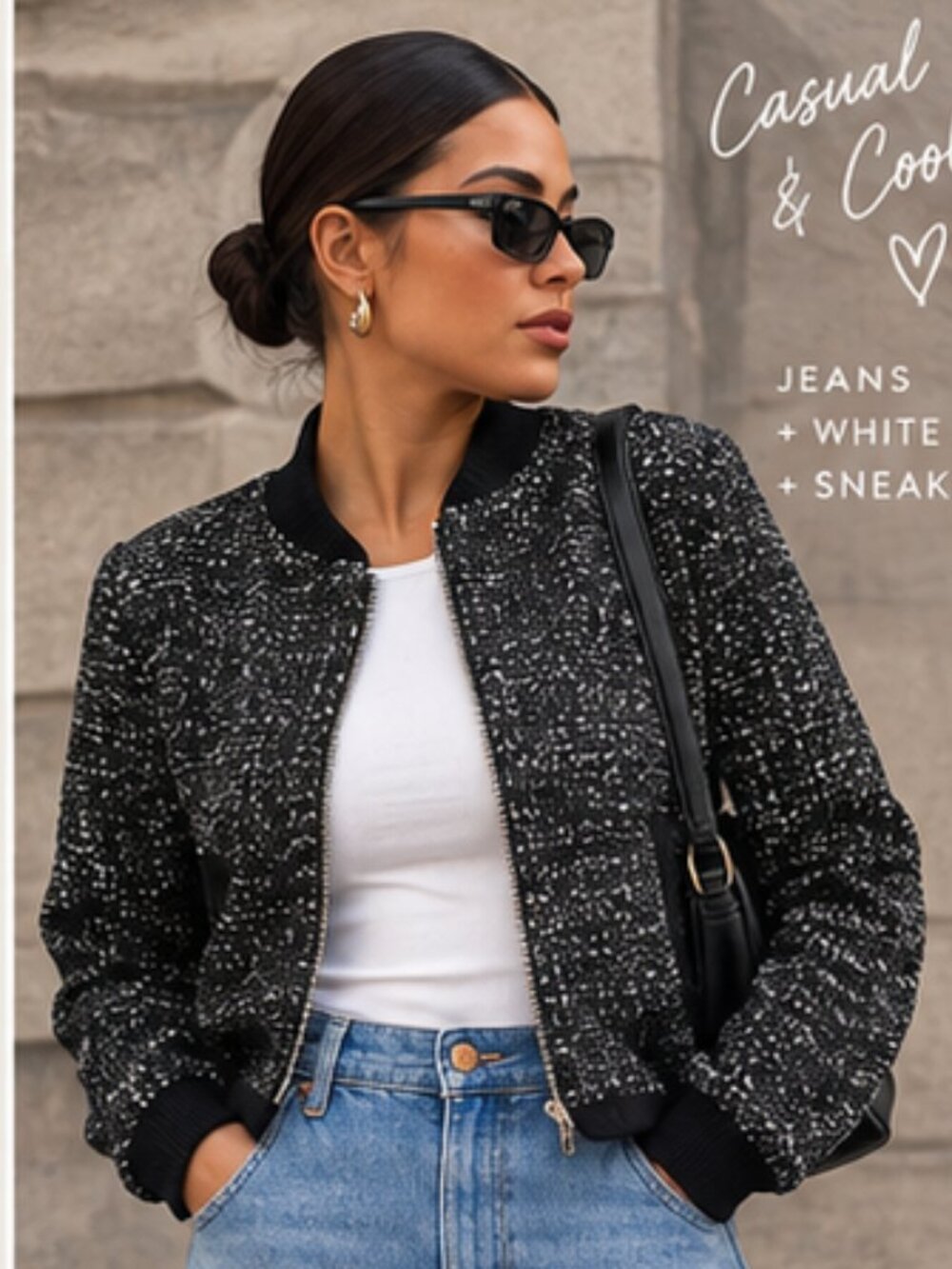J. Crew Black & White Tweed Zip-Up Bomber